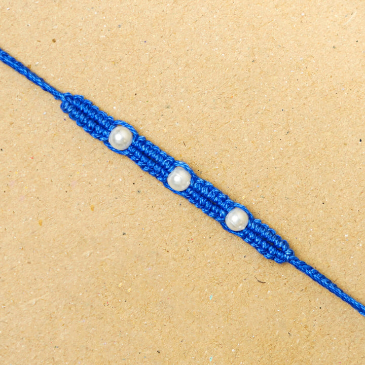 Handmade Macrame Three Pearl Rakhi With Roli Chawal