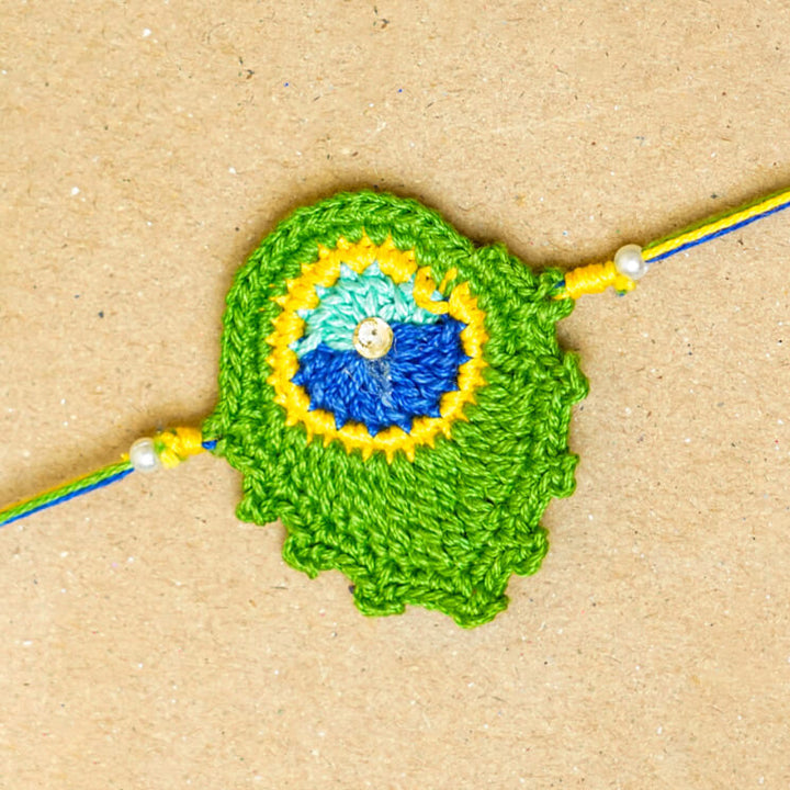 Handmade Crochet Peacock Feather Cotton Rakhi With Roli Chawal