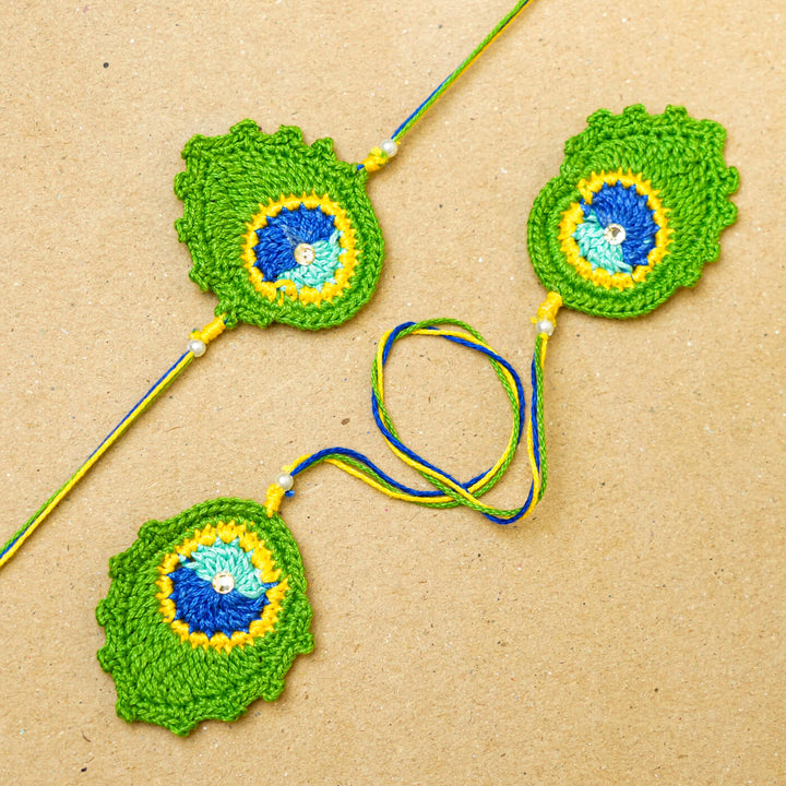 Handmade Crochet Peacock Feather Cotton Bhaiya Bhabhi Rakhi With Roli Chawal | Set of 2