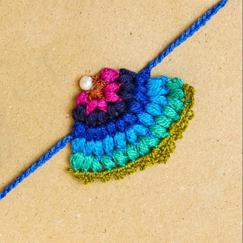 Handmade Crochet Peacock Cotton Rakhi With Roli Chawal