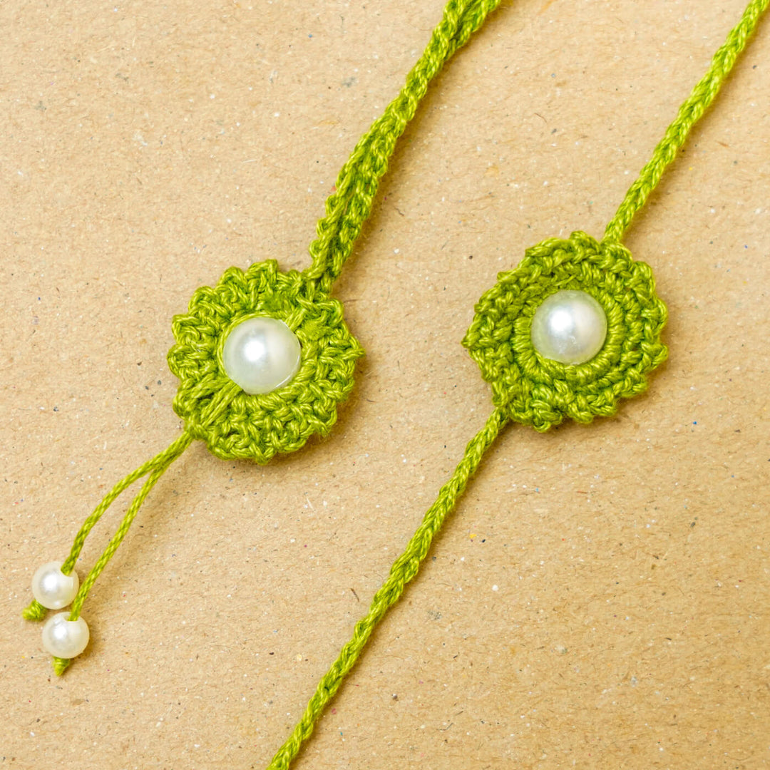 Handmade Crochet Round Pearl Cotton Bhaiya Bhabhi Rakhi With Roli Chawal | Set of 2