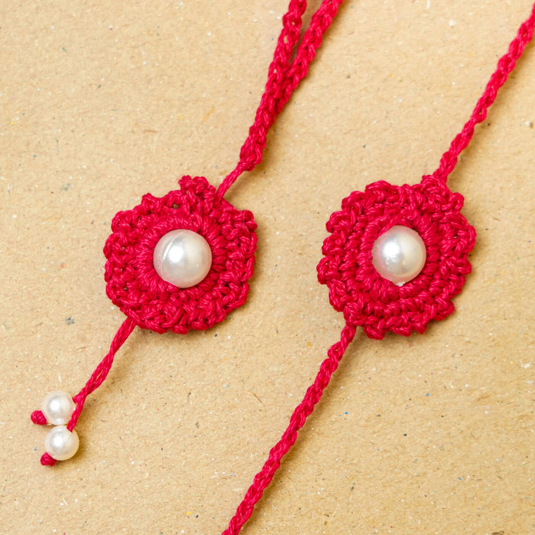 Handmade Crochet Round Pearl Cotton Bhaiya Bhabhi Rakhi With Roli Chawal | Set of 2