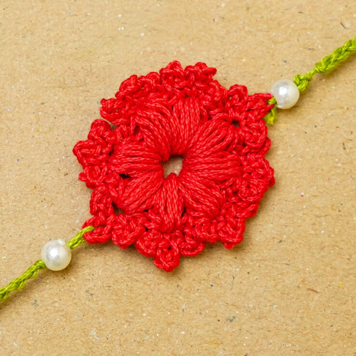 Handmade Crochet Floral Cotton Rakhi With Roli Chawal