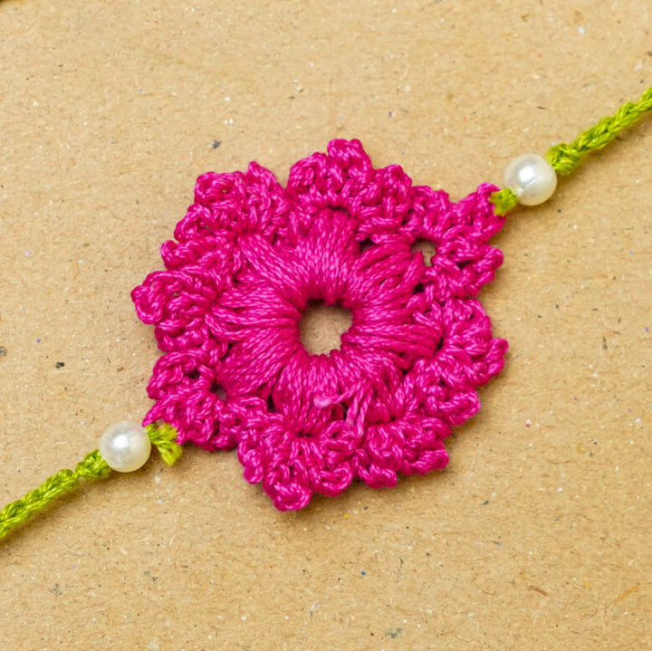 Handmade Crochet Floral Cotton Rakhi With Roli Chawal