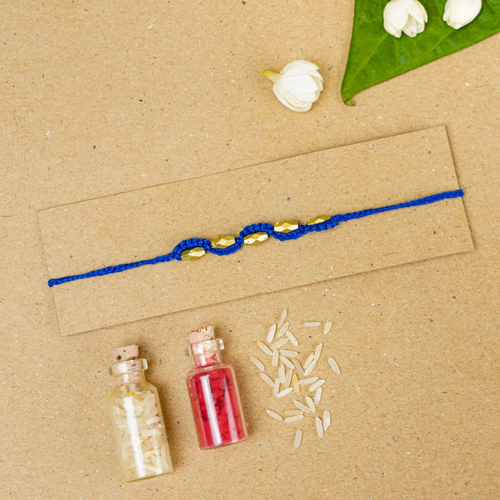 Handmade Macrame Five Gold Beaded Rakhi With Roli Chawal