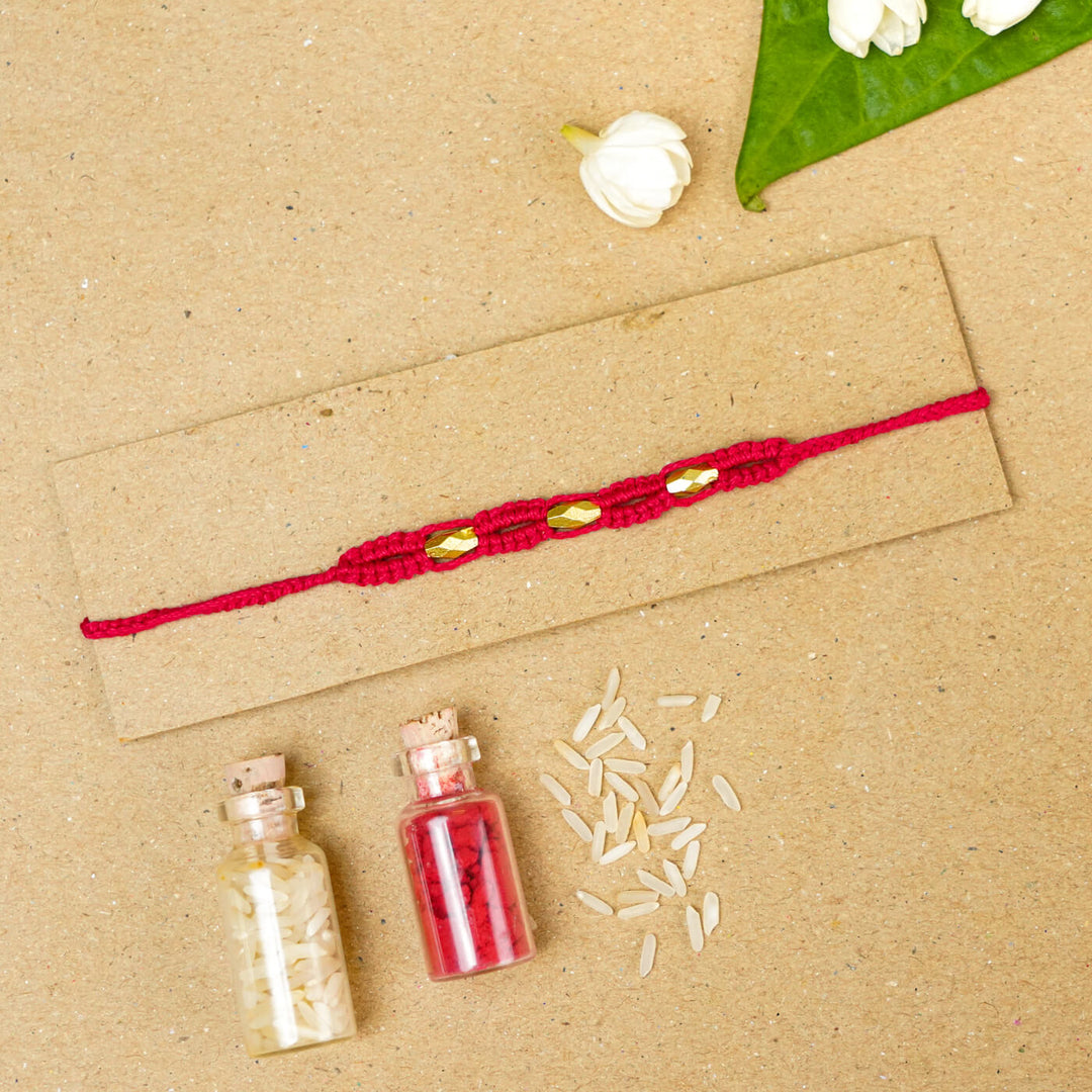 Handmade Macrame Three Gold Beaded Rakhi With Roli Chawal