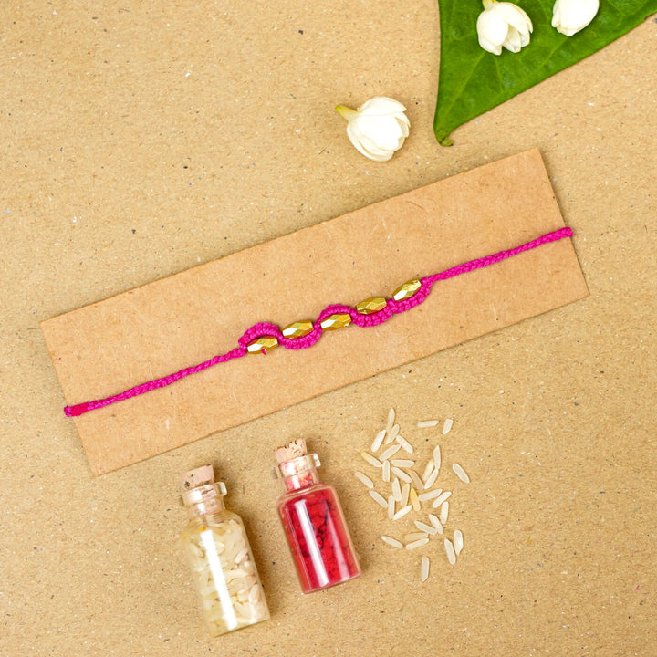 Handmade Macrame Five Gold Beaded Rakhi With Roli Chawal