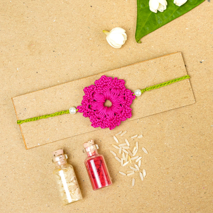 Handmade Crochet Floral Cotton Rakhi With Roli Chawal