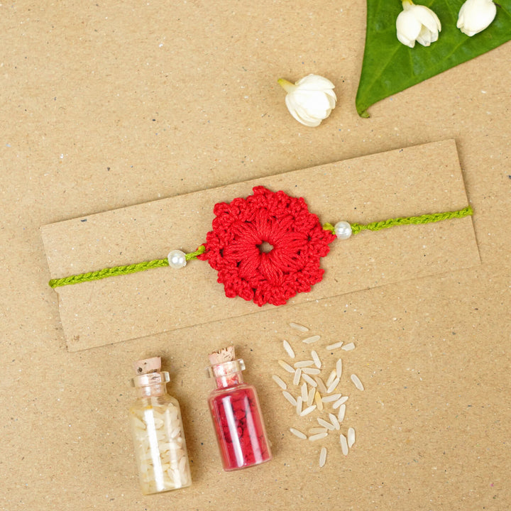 Handmade Crochet Floral Cotton Rakhi With Roli Chawal