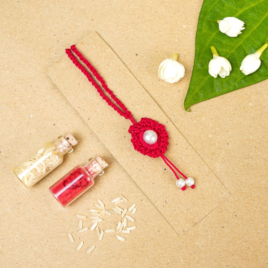 Handmade Crochet Round Pearl Cotton Lumba Rakhi for Bhabhi With Roli Chawal