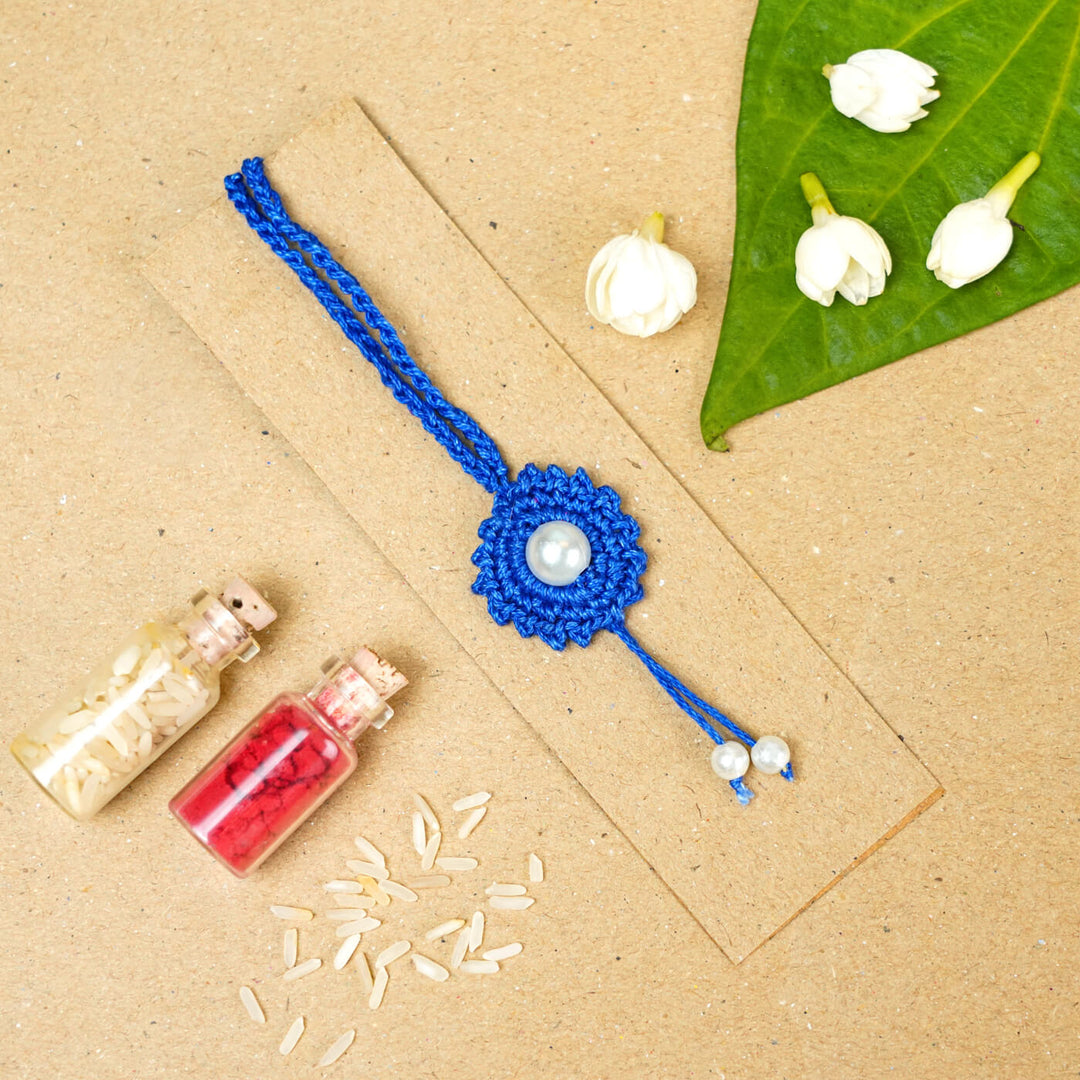 Handmade Crochet Round Pearl Cotton Lumba Rakhi for Bhabhi With Roli Chawal