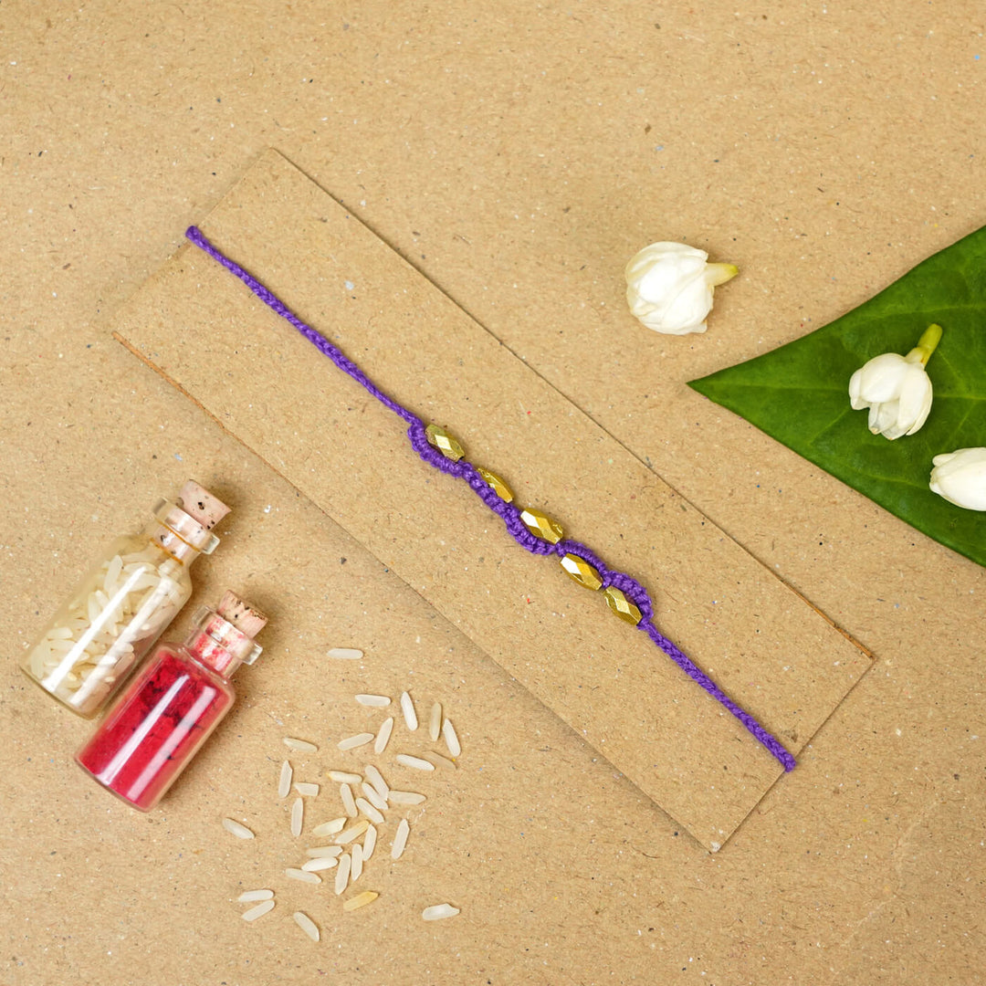 Handmade Macrame Five Gold Beaded Rakhi With Roli Chawal