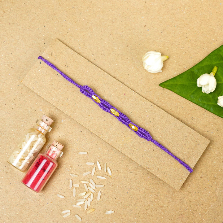 Handmade Macrame Three Gold Beaded Rakhi With Roli Chawal