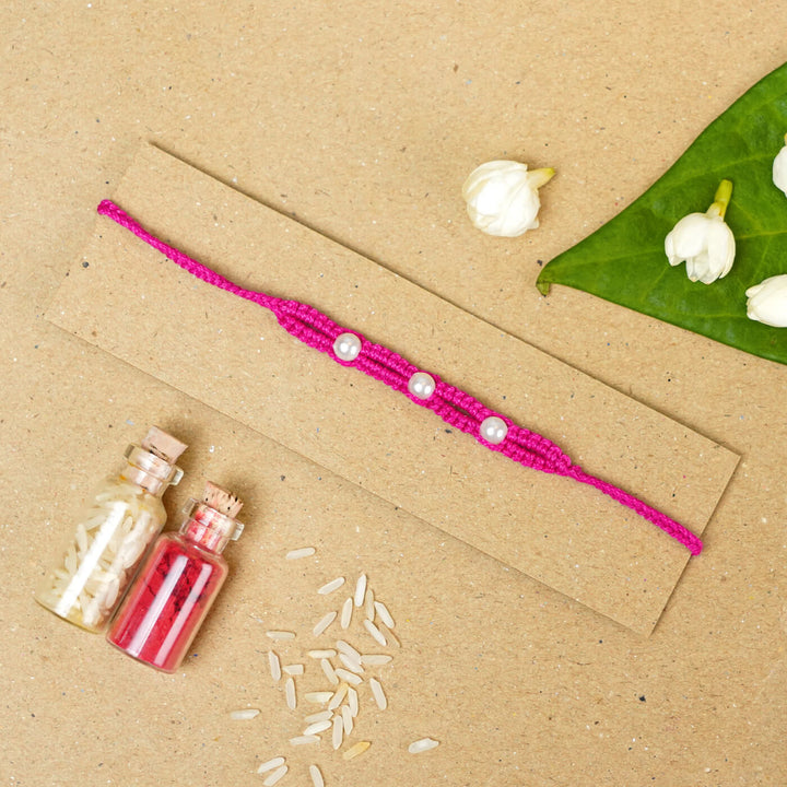 Handmade Macrame Three Pearl Rakhi With Roli Chawal