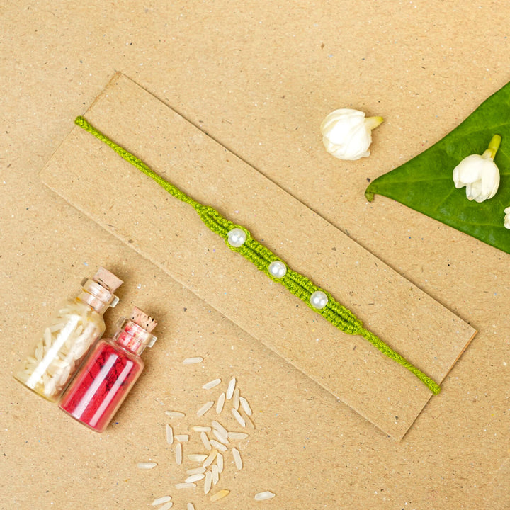 Handmade Macrame Three Pearl Rakhi With Roli Chawal