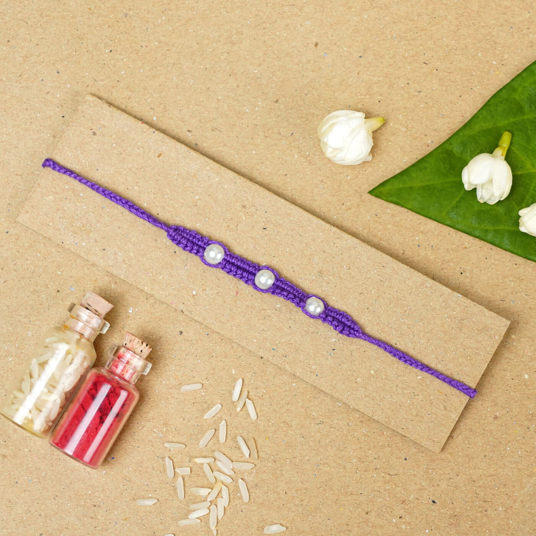 Handmade Macrame Three Pearl Rakhi With Roli Chawal