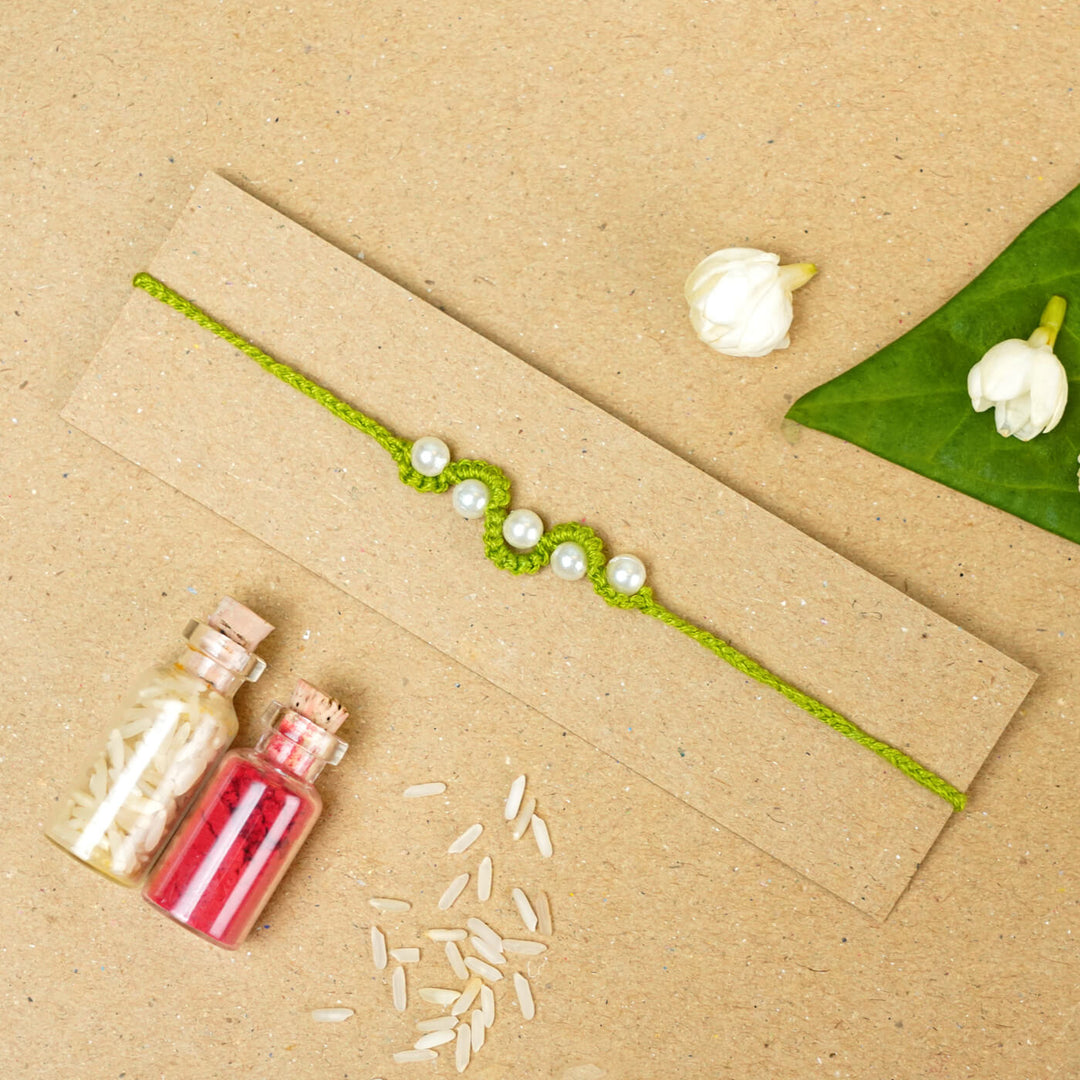 Handmade Macrame Five Pearl Rakhi With Roli Chawal