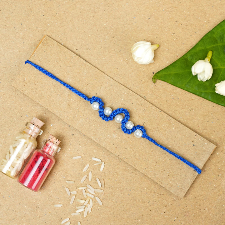 Handmade Macrame Five Pearl Rakhi With Roli Chawal