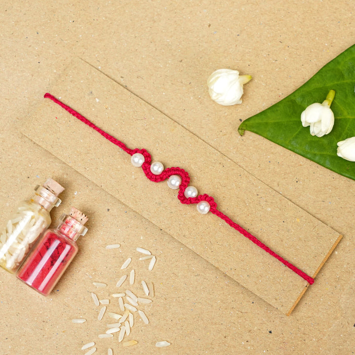 Handmade Macrame Five Pearl Rakhi With Roli Chawal