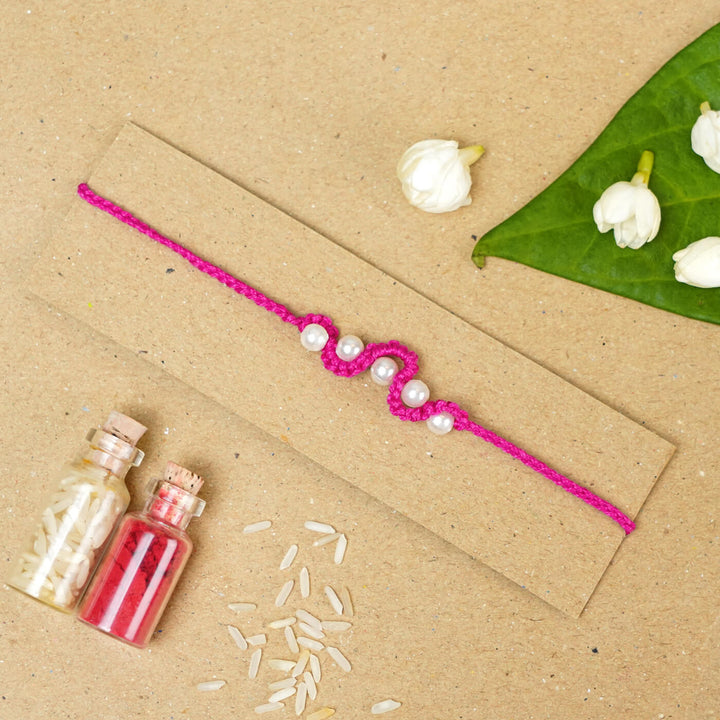 Handmade Macrame Five Pearl Rakhi With Roli Chawal