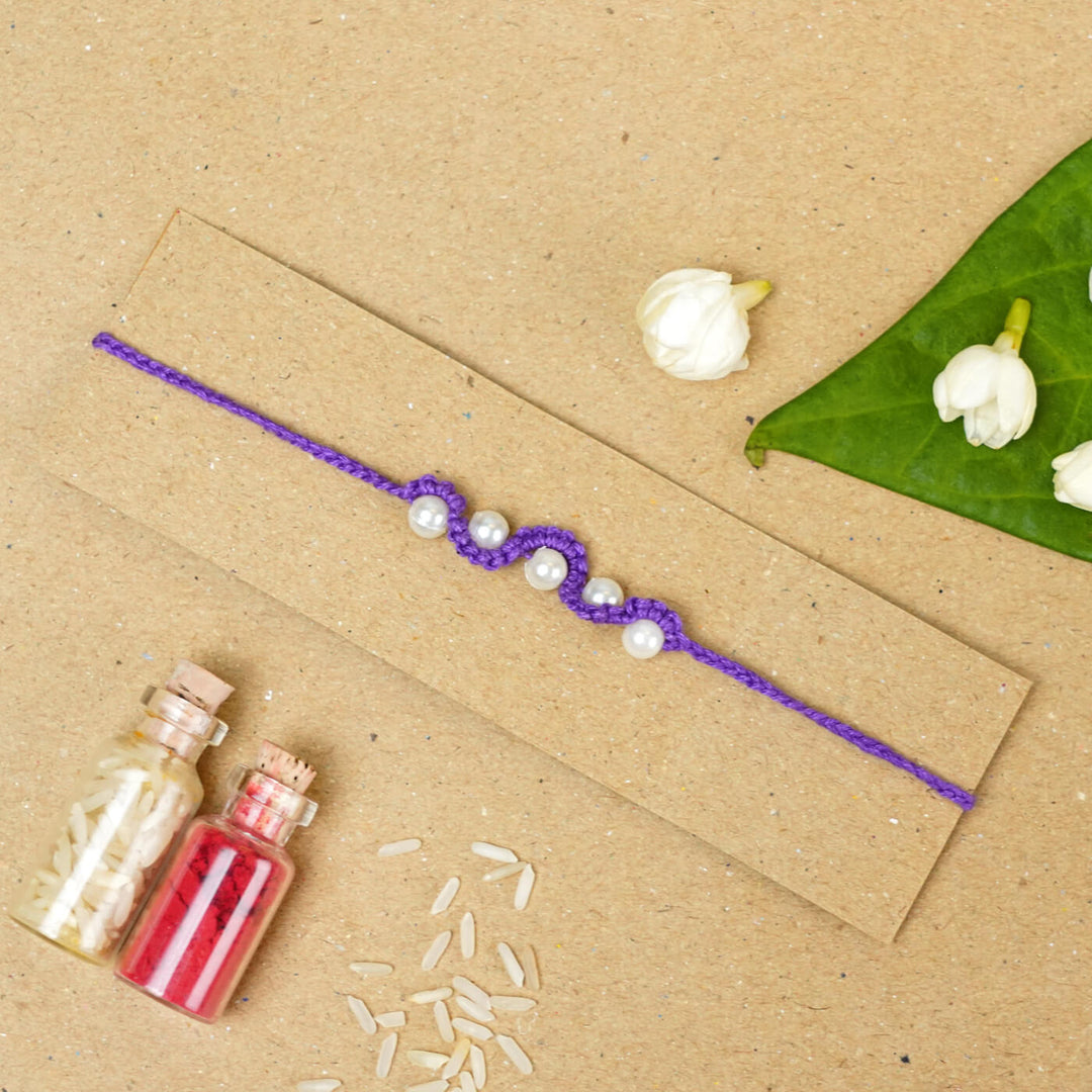 Handmade Macrame Five Pearl Rakhi With Roli Chawal