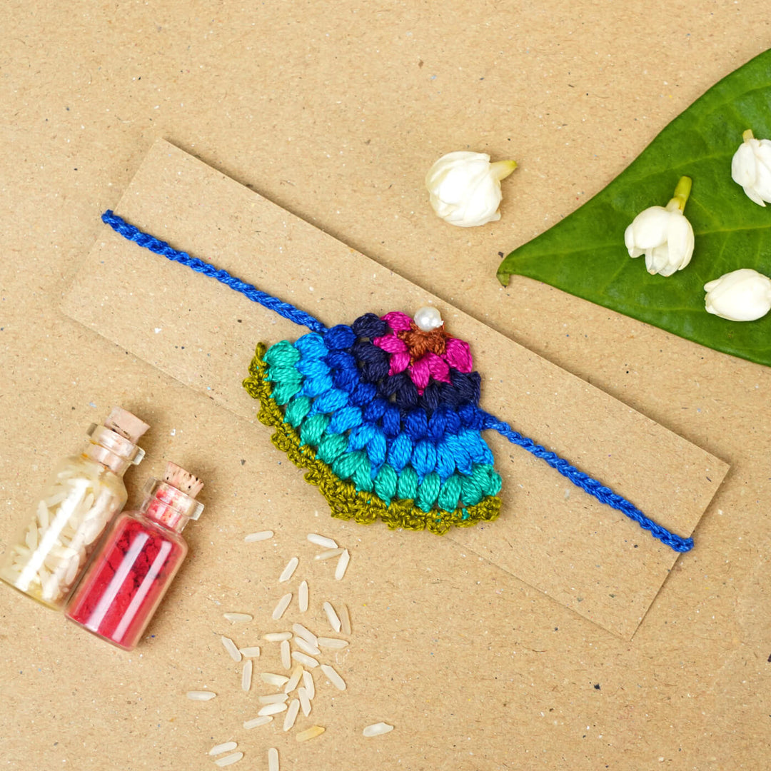 Handmade Crochet Peacock Cotton Rakhi With Roli Chawal