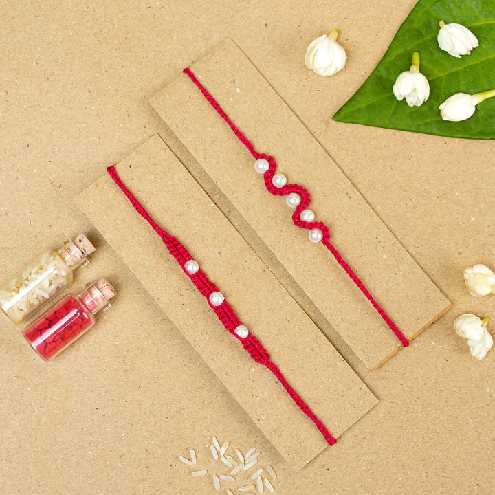 Handmade Macrame Gold Beaded Rakhi With Roli Chawal | Set of 2