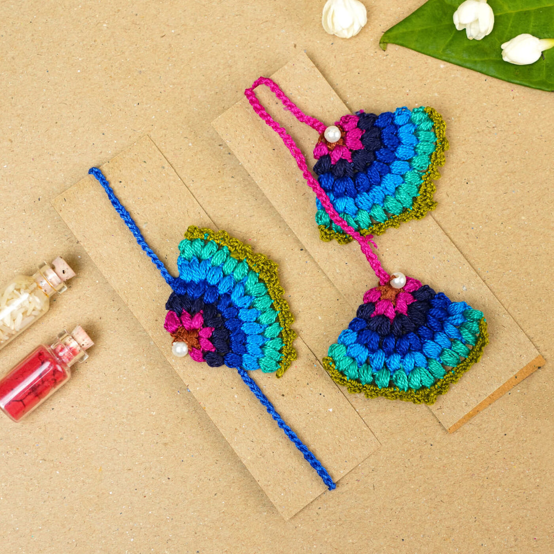 Handmade Crochet Peacock Cotton Bhaiya Bhabhi Rakhi With Roli Chawal | Set of 2