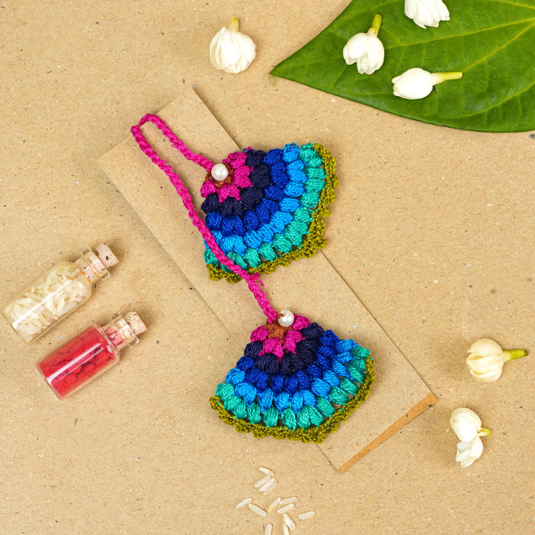 Handmade Crochet Peacock Cotton Lumba Rakhi for Bhabhi With Roli Chawal