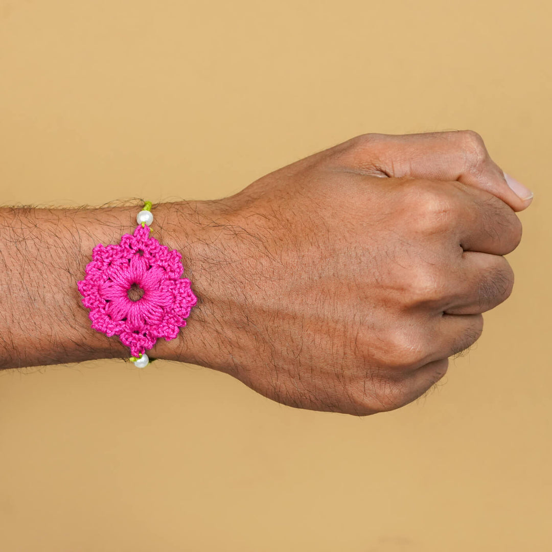 Handmade Crochet Floral Cotton Rakhi With Roli Chawal