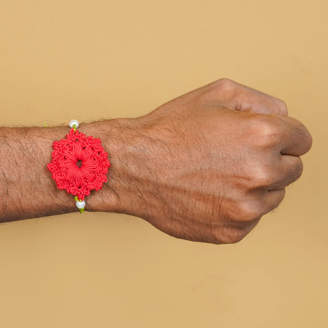 Handmade Crochet Floral Cotton Rakhi With Roli Chawal