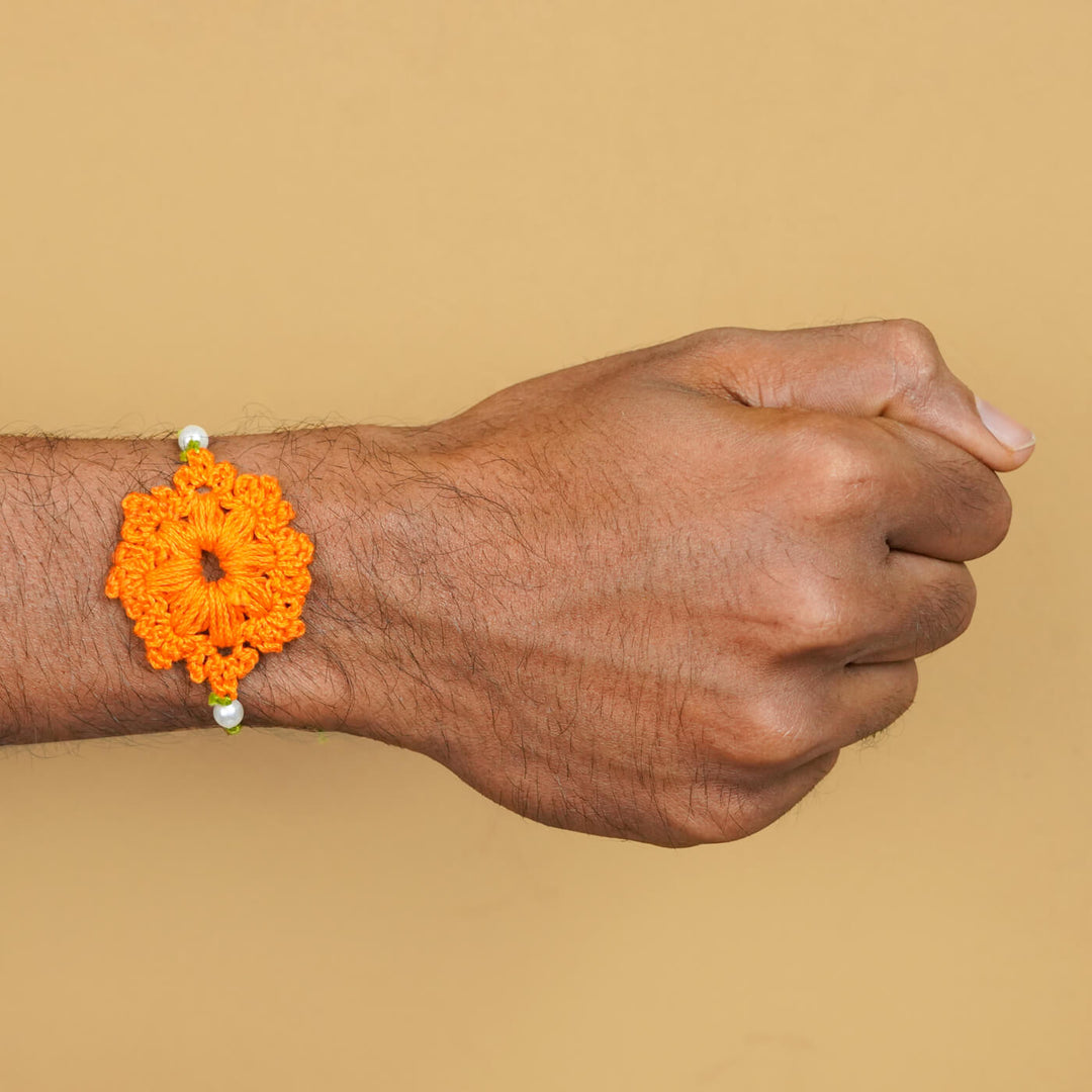 Handmade Crochet Floral Cotton Rakhi With Roli Chawal