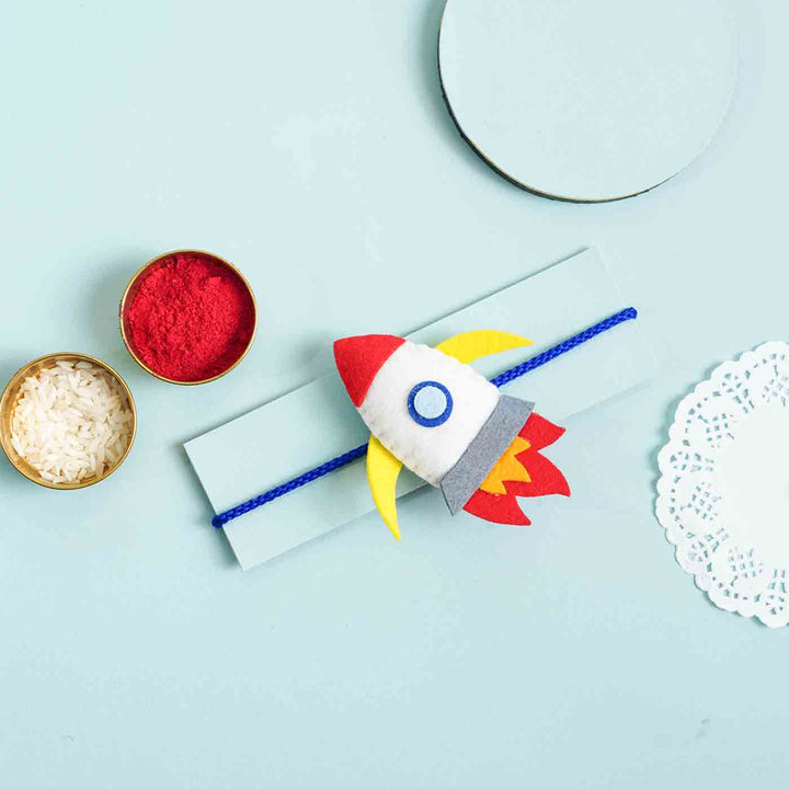 Handmade Felt Rocket Kids Rakhi With Roli Chawal