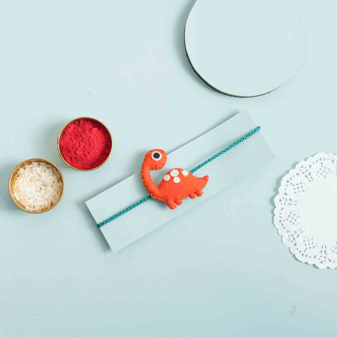 Handmade Dinosaur Felt Kids Rakhi With Roli Chawal