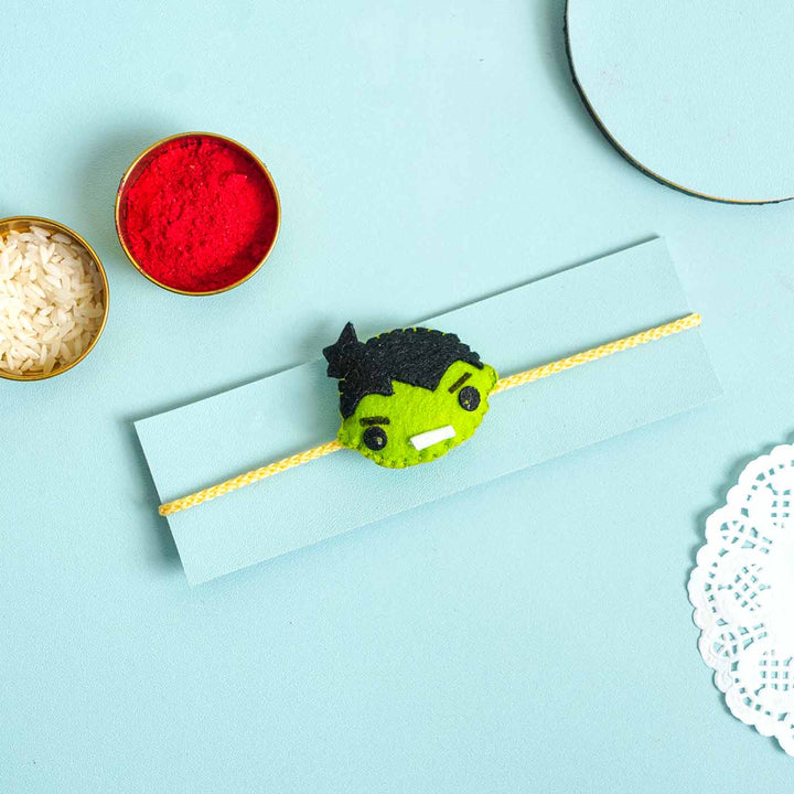 Handmade Hulk Felt Kids Rakhi With Roli Chawal