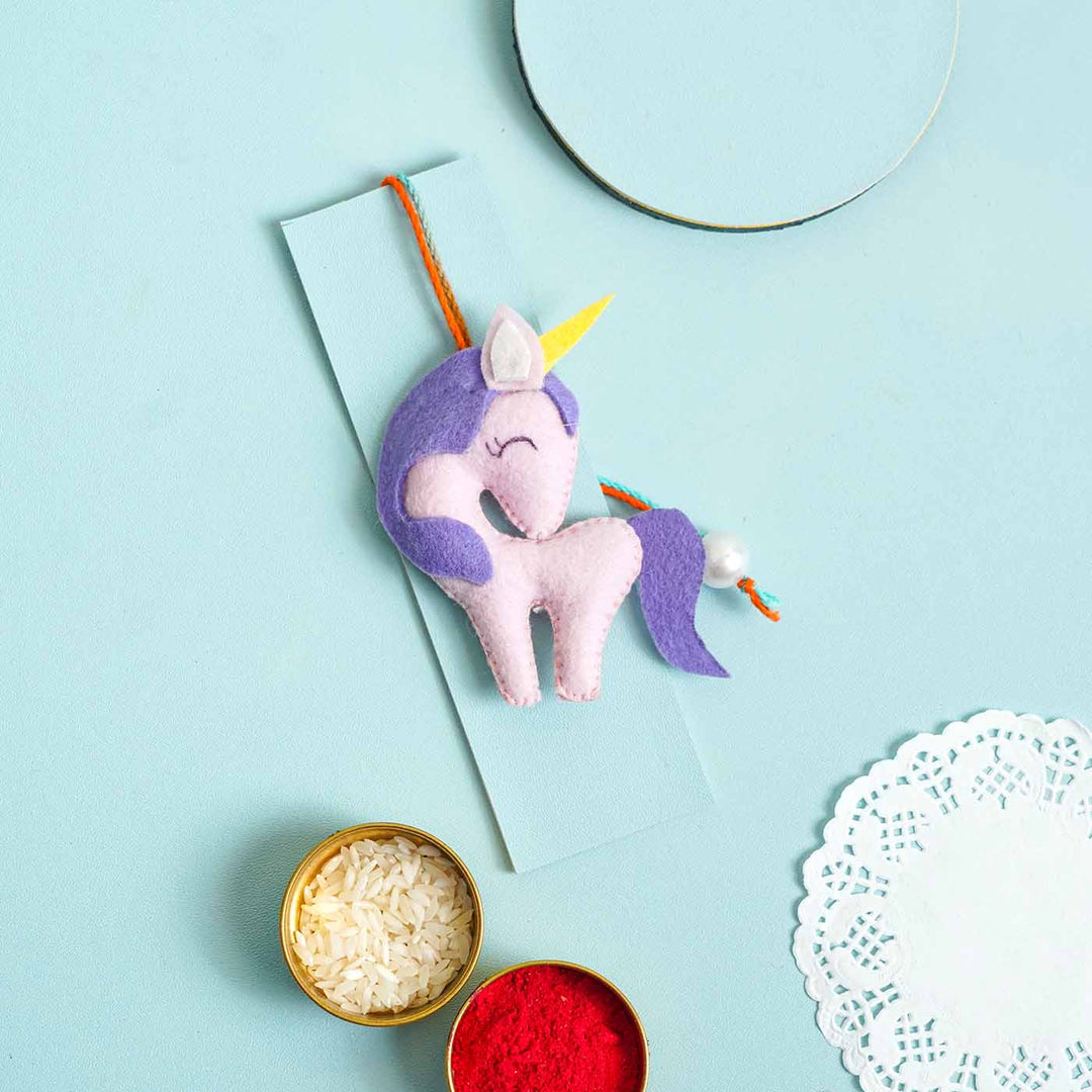 Personalized Handmade Unicorn Felt Rakhi With Roli Chawal