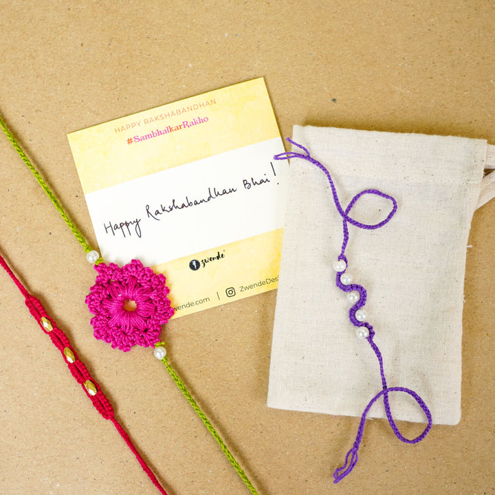 Handmade Crochet Floral Cotton Bhaiya Bhabhi Rakhi With Roli Chawal | Set of 2