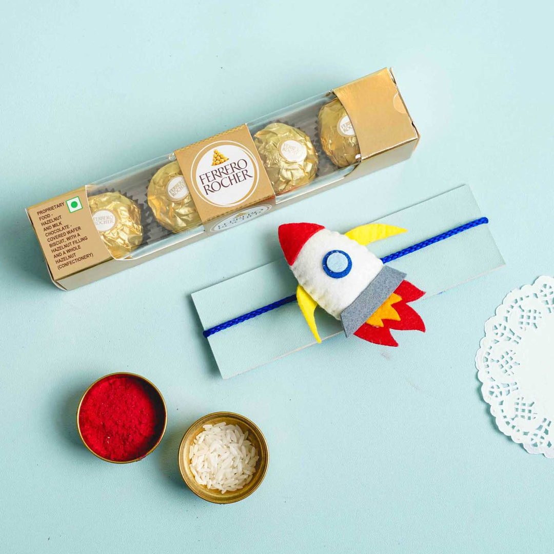 Handmade Felt Rocket Kids Rakhi With Roli Chawal