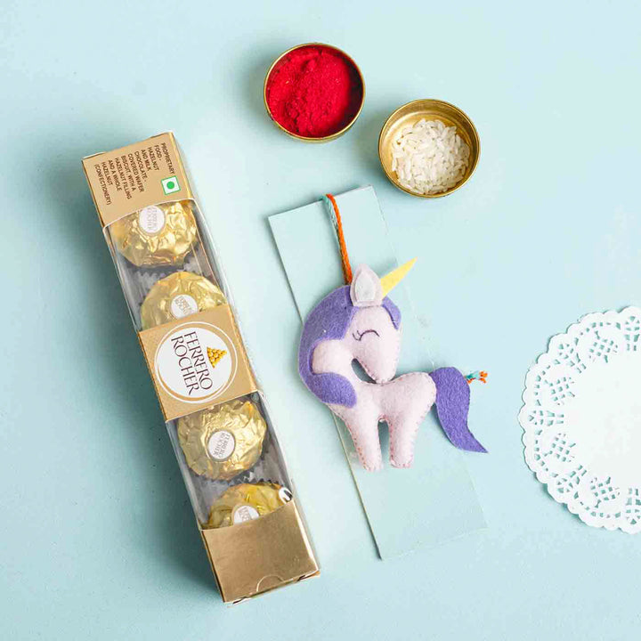 Personalized Handmade Unicorn Felt Rakhi With Roli Chawal