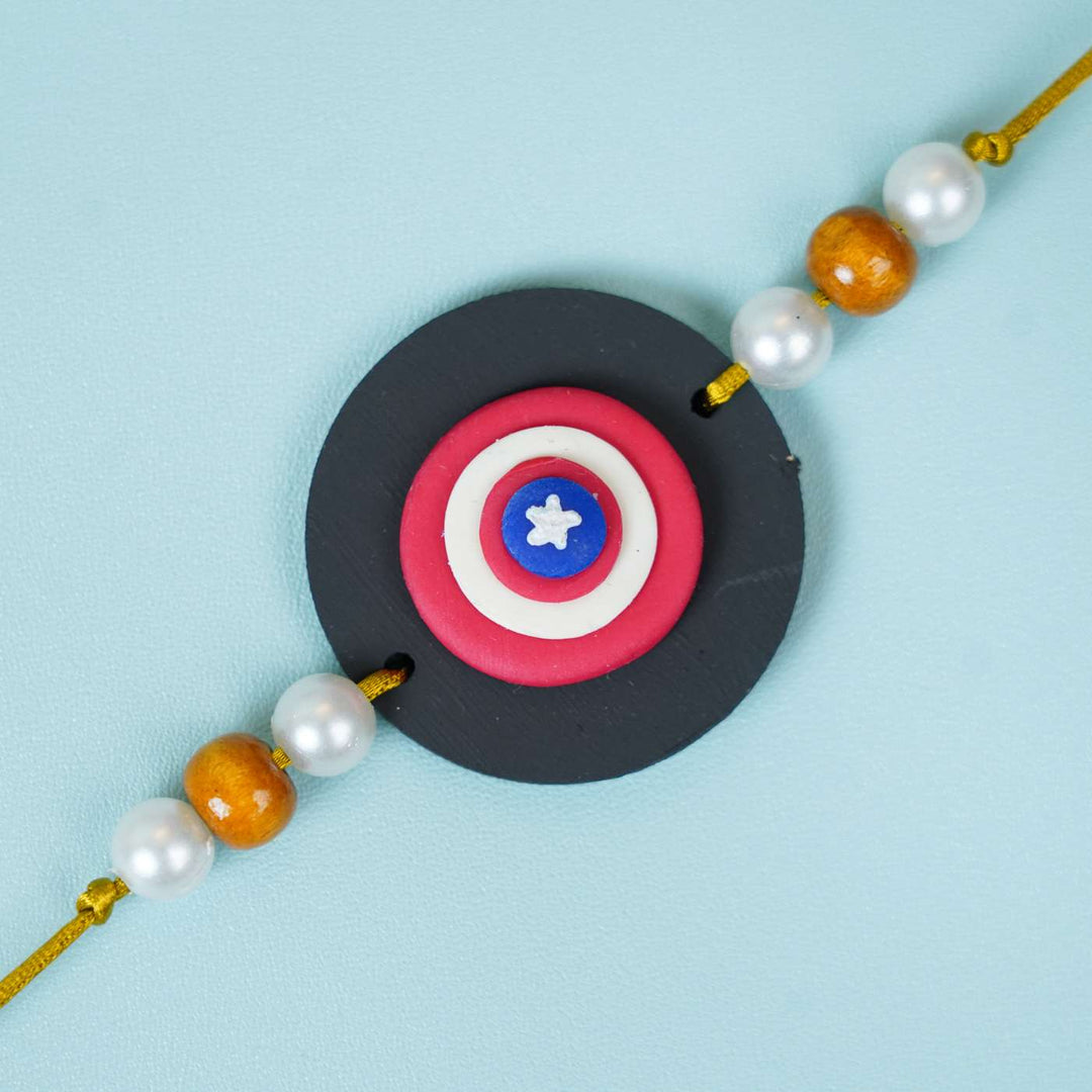 Handmade Miniature Clay Captian America Kids Rakhi With Roli Chawal