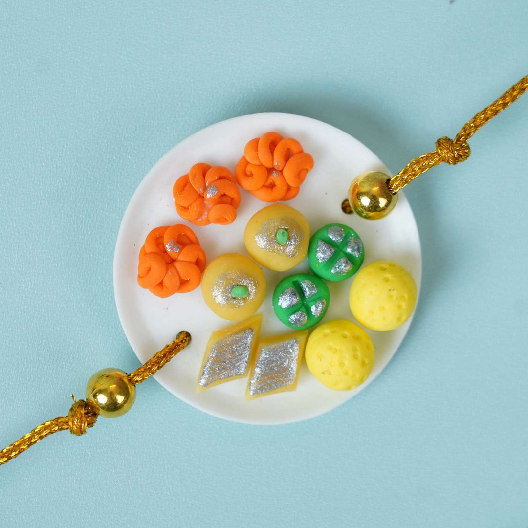 Handmade Miniature Clay Traditional Sweets Rakhi With Roli Chawal