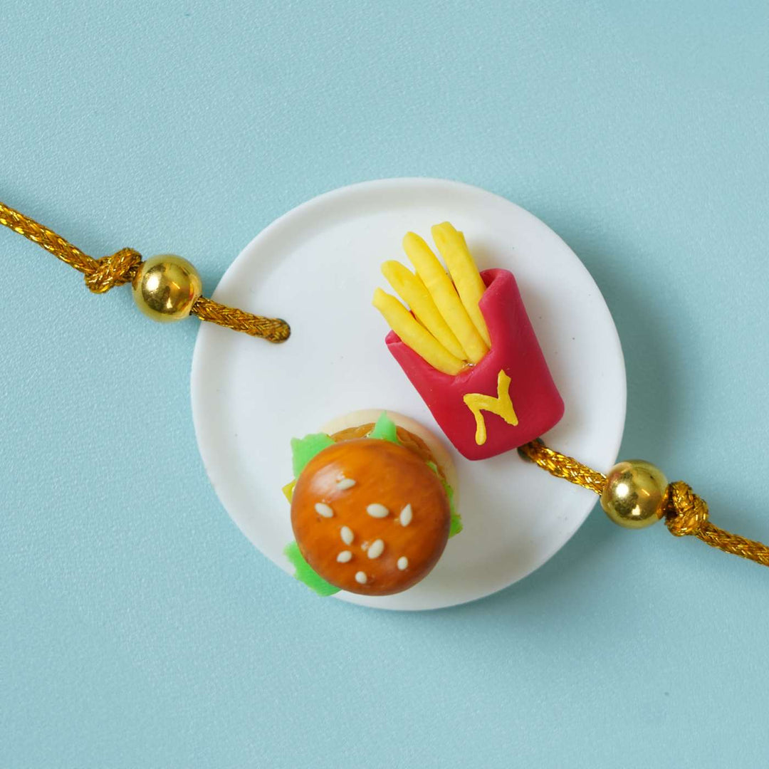 Handmade Miniature Clay Burger & Fries Rakhi With Roli Chawal