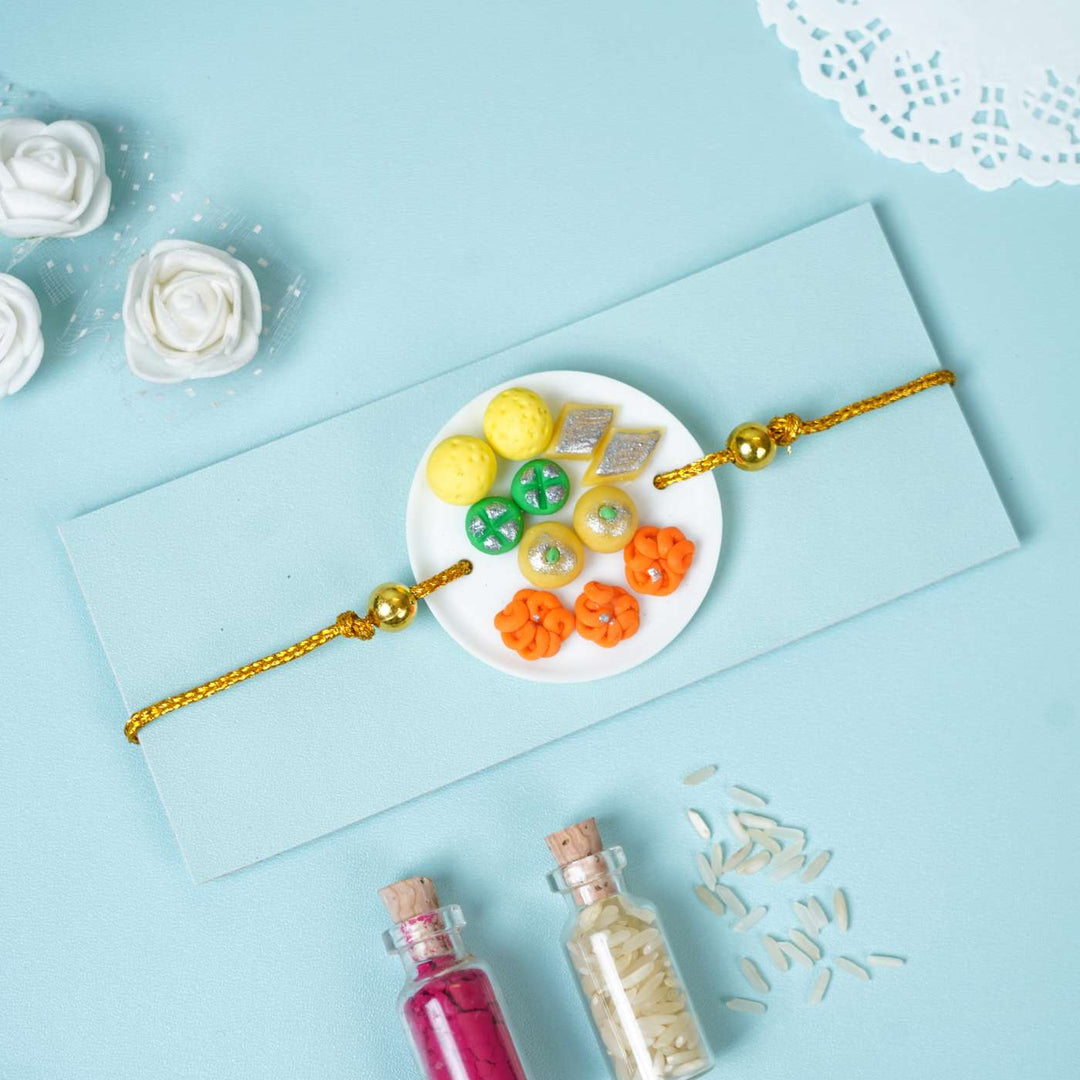 Handmade Miniature Clay Traditional Sweets Rakhi With Roli Chawal