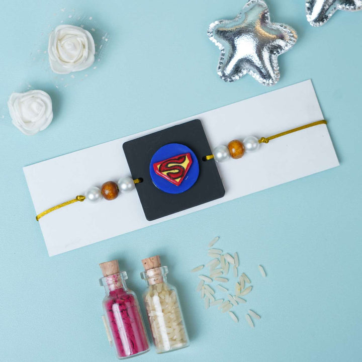 Handmade Miniature Clay Superman Kids Rakhi With Roli Chawal