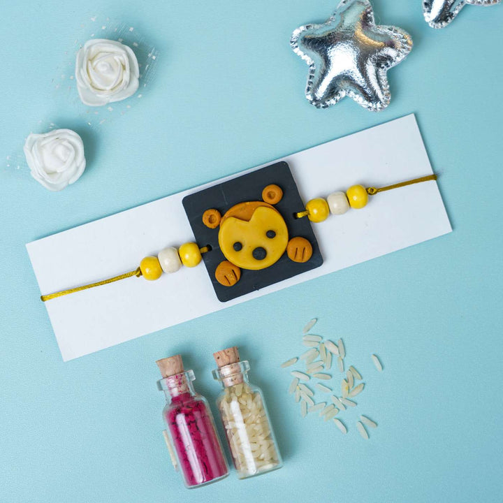 Handmade Miniature Clay Monkey Themed Kids Rakhi With Roli Chawal