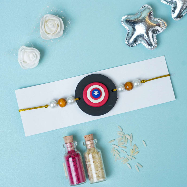 Handmade Miniature Clay Captian America Kids Rakhi With Roli Chawal