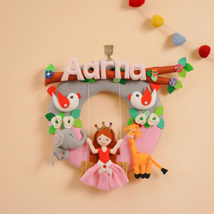 Handcrafted Personalized Jungle Theme Doll on Swing Felt Nameplate For Girls