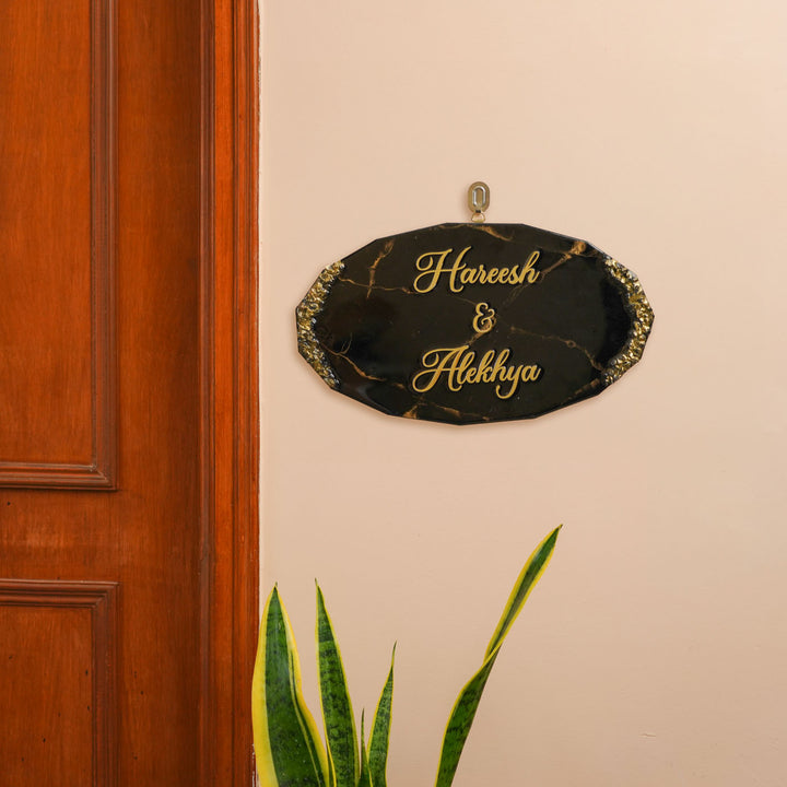 Personalized Oval Black & Gold Resin Name Plate For Couples