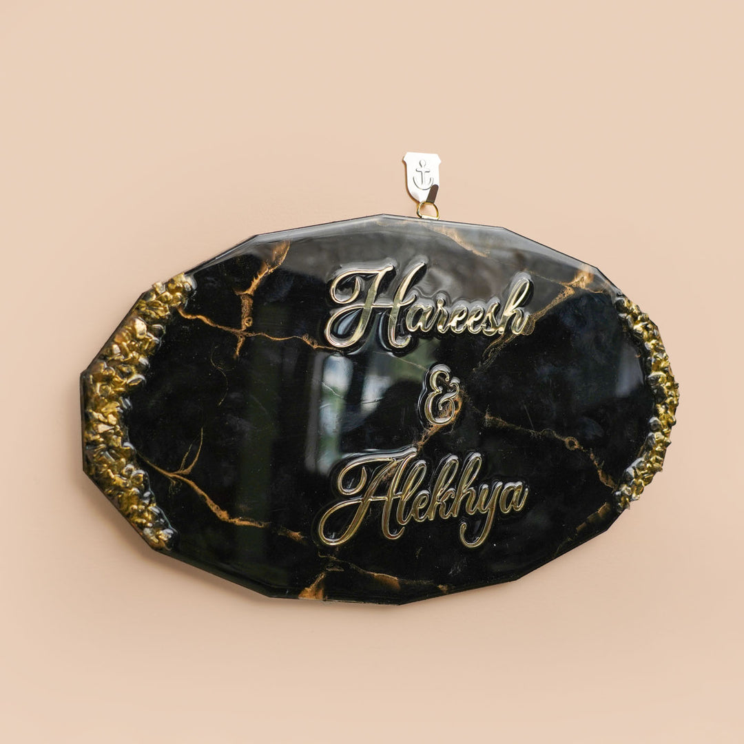 Personalized Oval Black & Gold Resin Name Plate For Couples