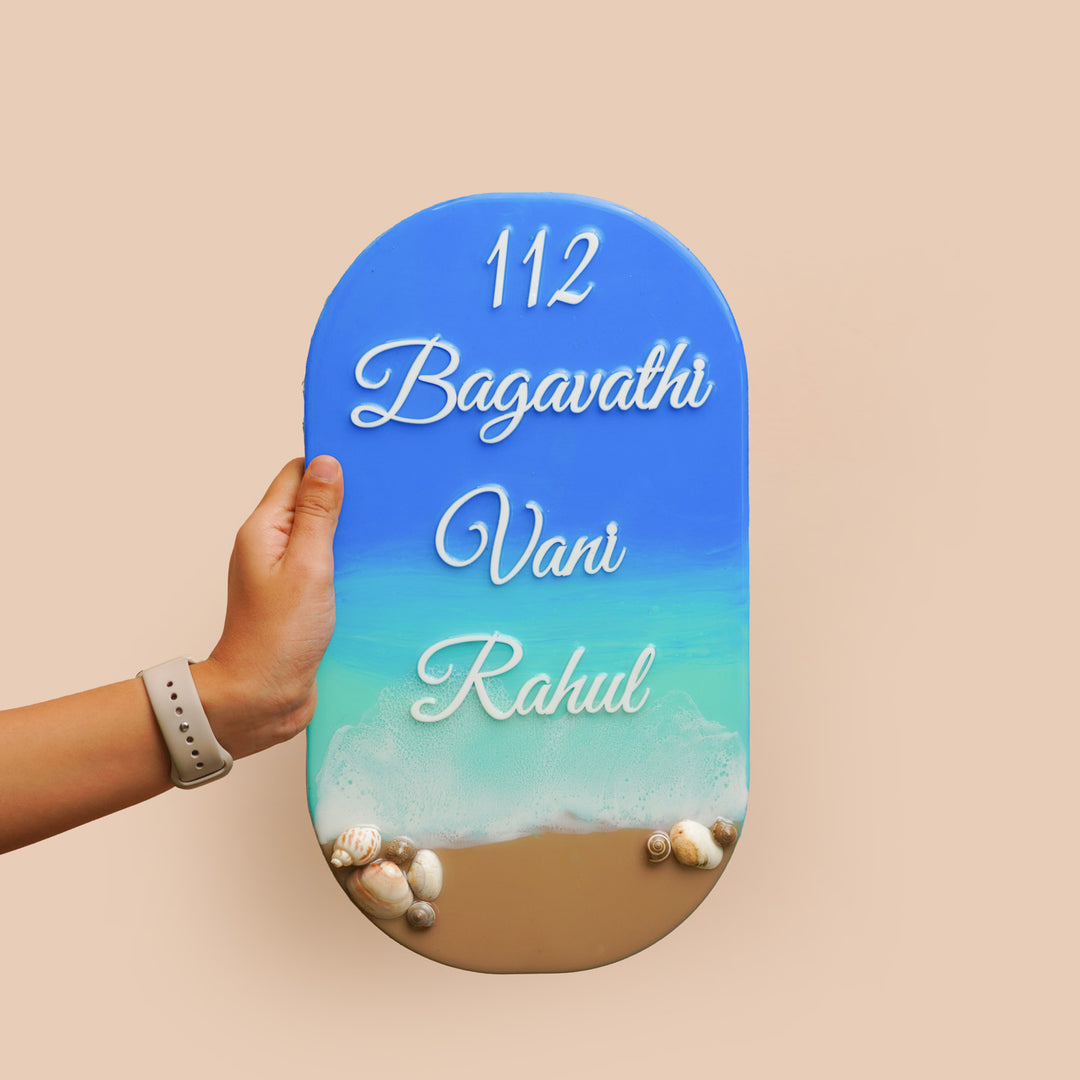 Personalized Blue Beach Theme Resin Vertical Name Plate For Family